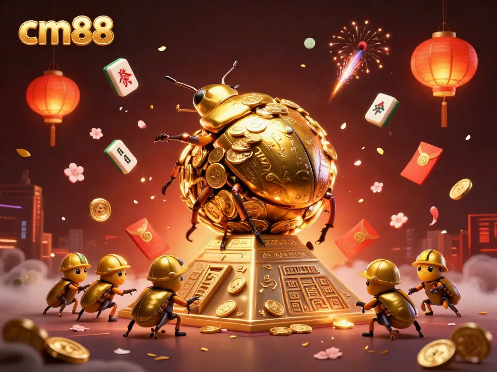 Engage with cm88 and witness a golden beetle rolling coins in an elaborate casino scene.