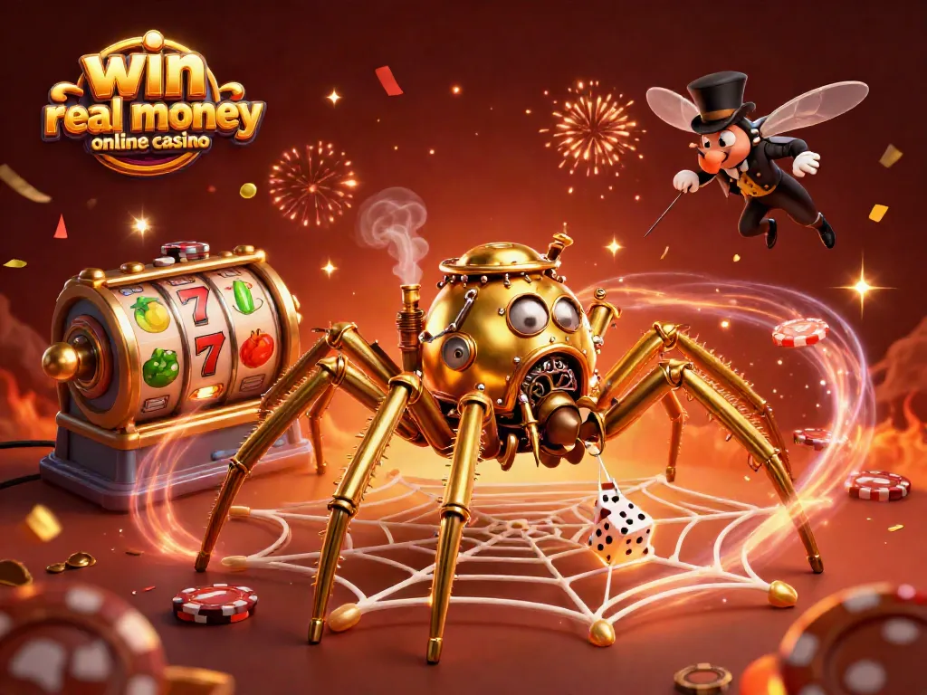 Engage with the vibrant scene of winning at a real money online casino featuring fun characters and festive elements.