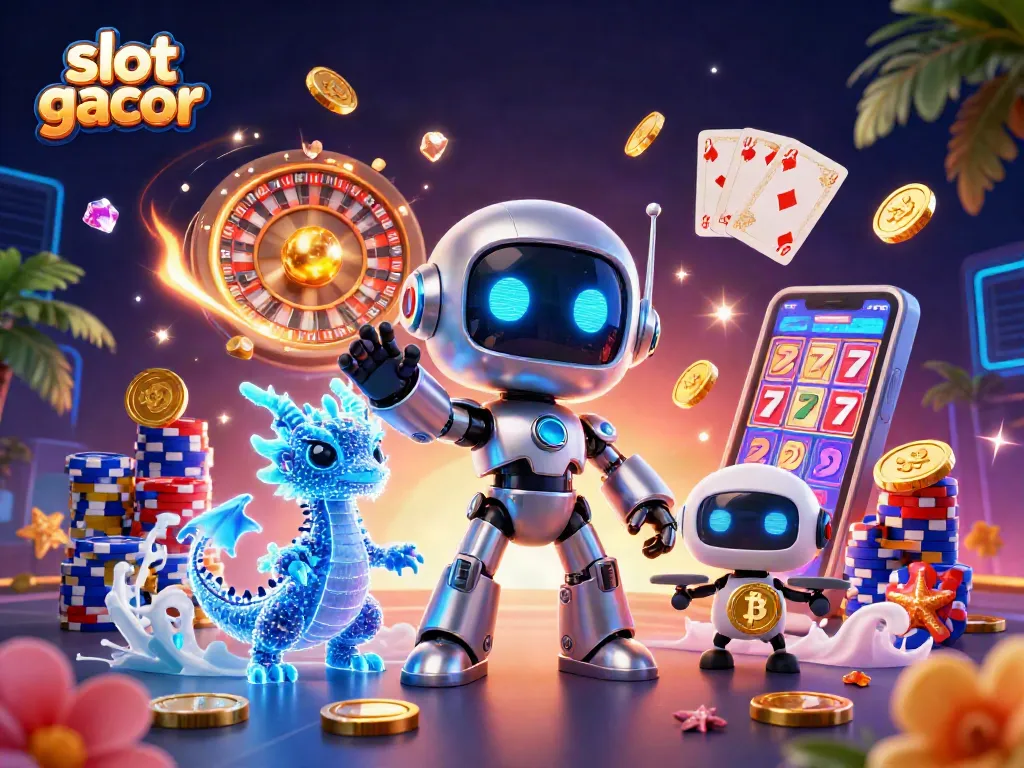 Mainkan slot gacor dengan keseruan visual dari robot futuristik dan elemen kasino lainnya.