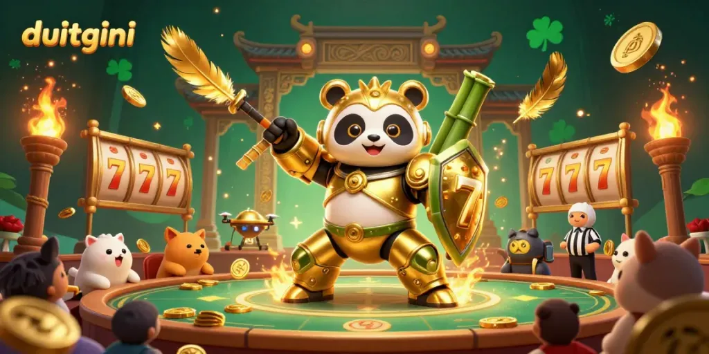 Dive into the excitement of gambling with DuitGini as golden panda pilots a mech in an arena filled with action.