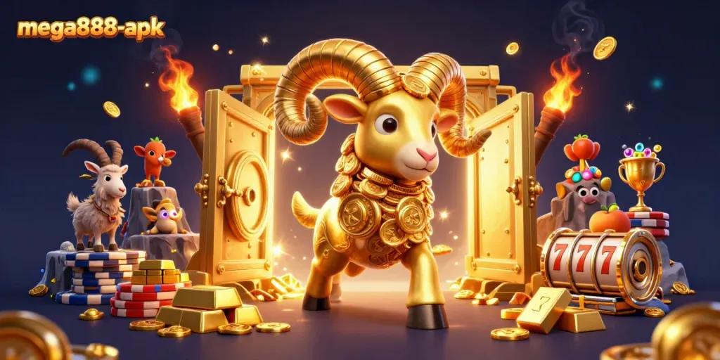 Experience thrilling gameplay with mega888-apk featuring vibrant slot reels and luxurious golden treasures.