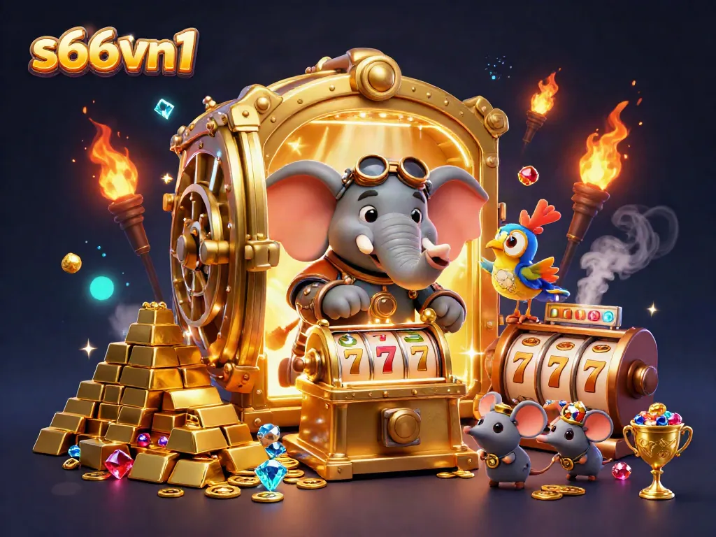 Experience the vibrant s666vn1 scene with a steampunk elephant and golden jackpot machines filled with jewels.