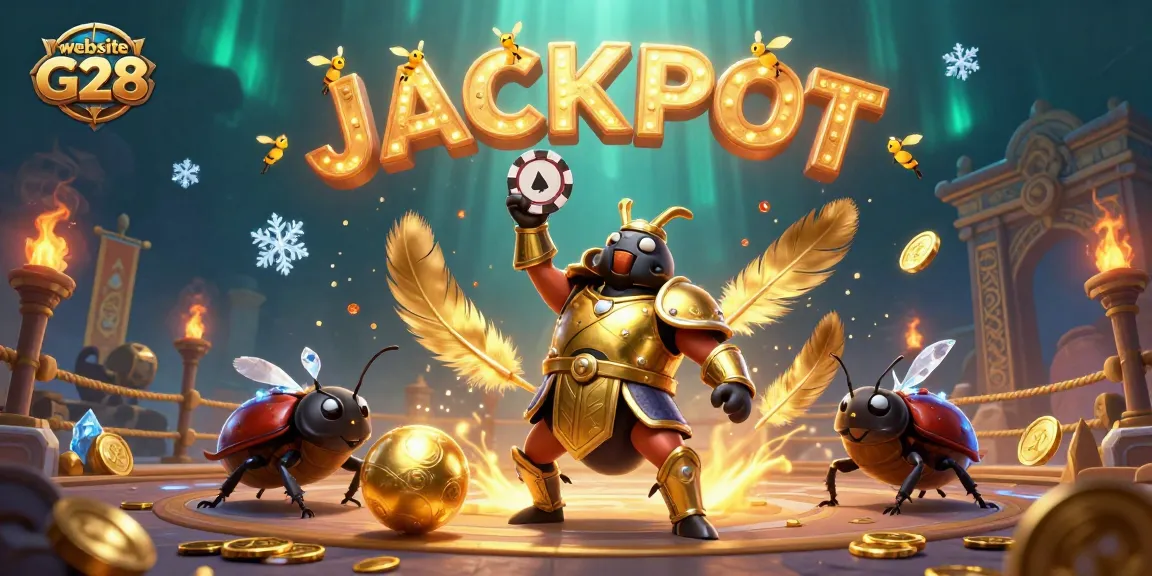 Celebrate winnings with the vibrant illustration of website G28 featuring a heroic beetle victory in a casino
