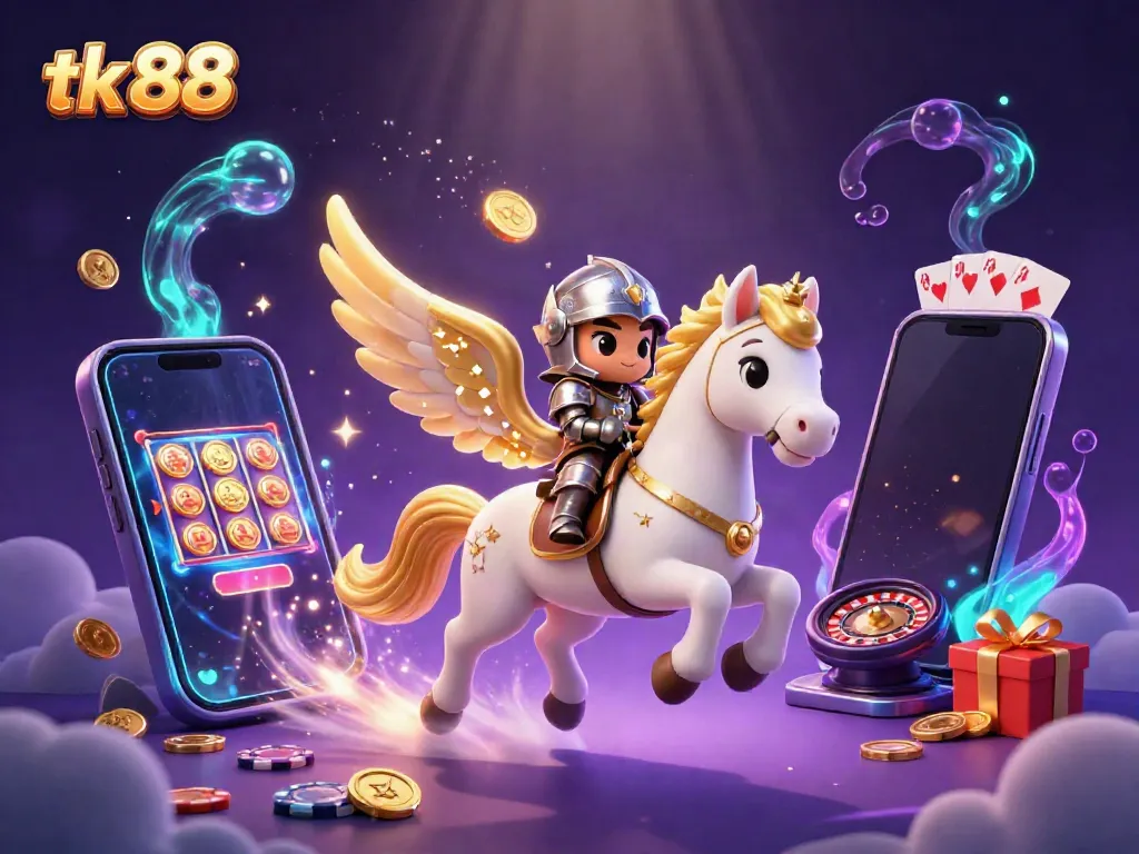 Experience thrilling gaming with tk 88's celestial knight atop a magical horse and vibrant casino elements.