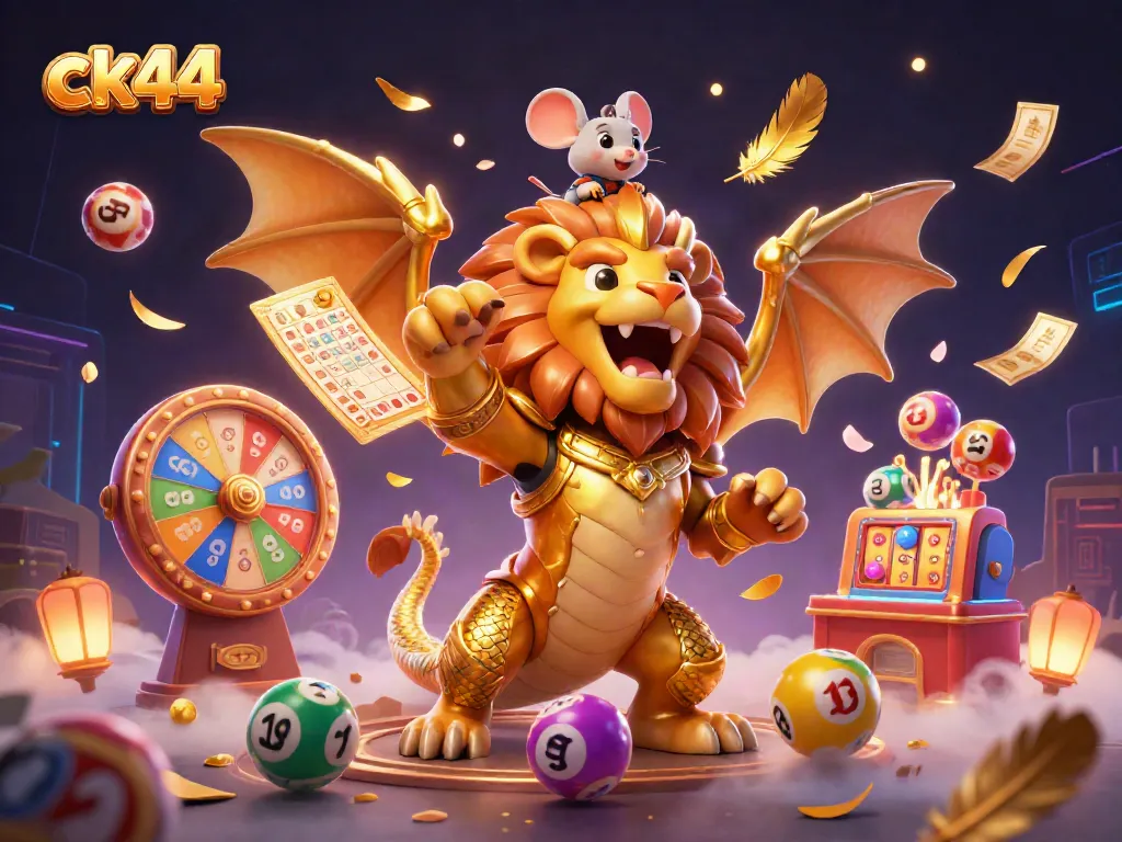 Experience ck44's thrilling gaming scene with a roaring chimera and vibrant lottery elements.