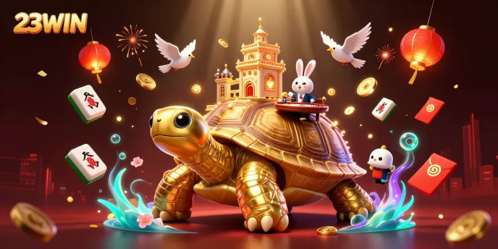Win big with 23WIN's vibrant casino scene featuring golden tortoise and rabbit dealer.