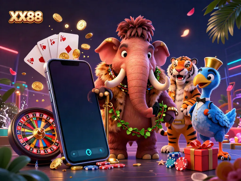 Watch the lively scene at XX88 with a woolly mammoth bouncer and VIP saber-tooth tiger, showcasing colorful casino excitement.
