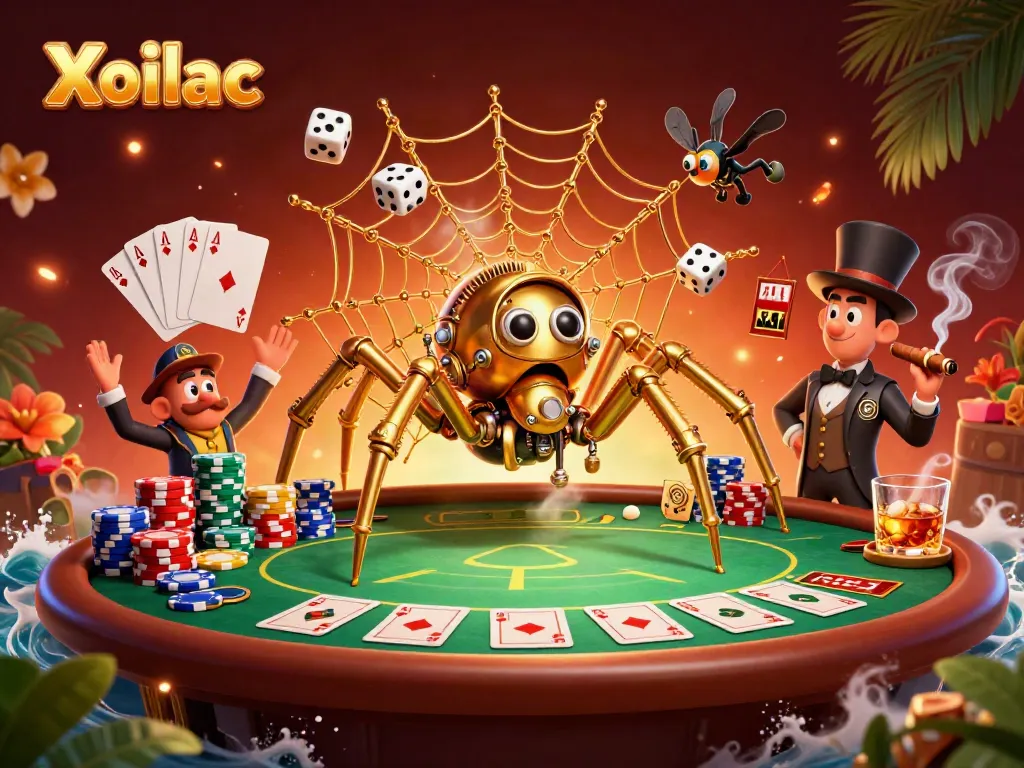 Xoilac captures attention with a dynamic steampunk spider webbing poker chips and rolling dice.