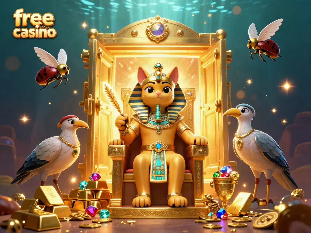 Engage in thrilling adventures at free credit casino with Egyptian pharaoh cat and treasures.