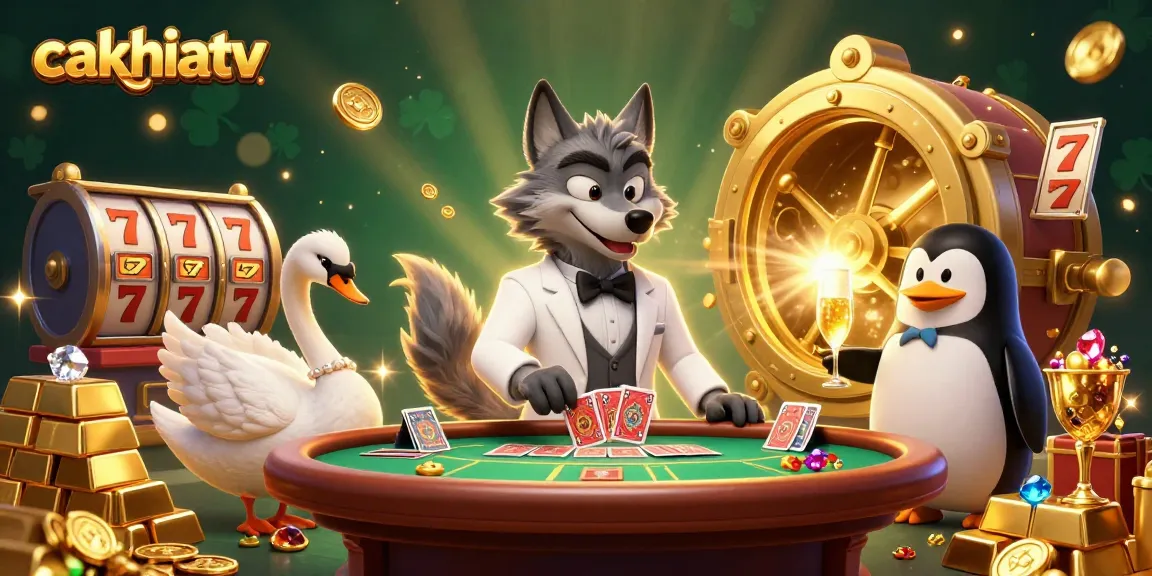 Win at slots with cakhiatv featuring a debonair wolf and elegant characters in a vibrant casino scene.