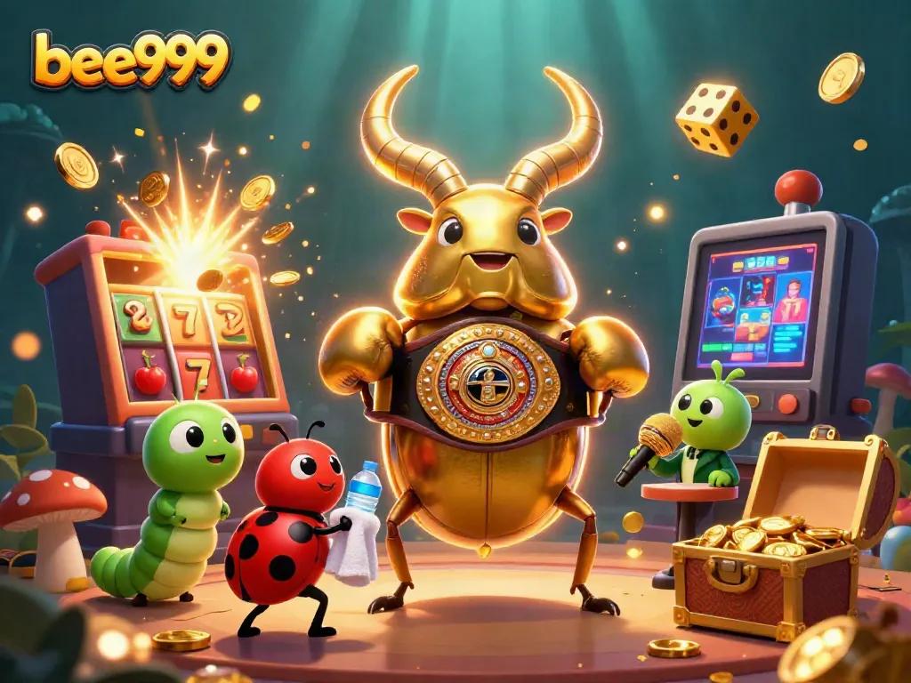 Experience the thrill of bee999 with vibrant casino-themed illustration featuring a golden stag beetle and gaming elements.