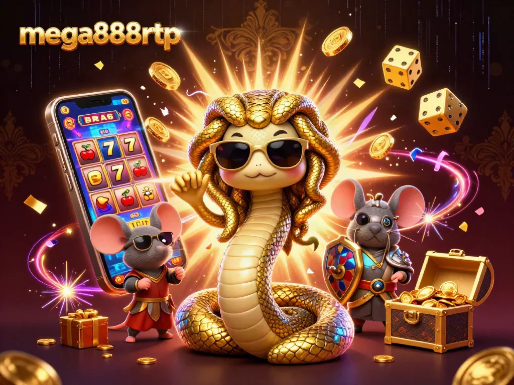 Win big with mega888rtp featuring a vibrant 3D casino scene filled with colorful symbols and characters.