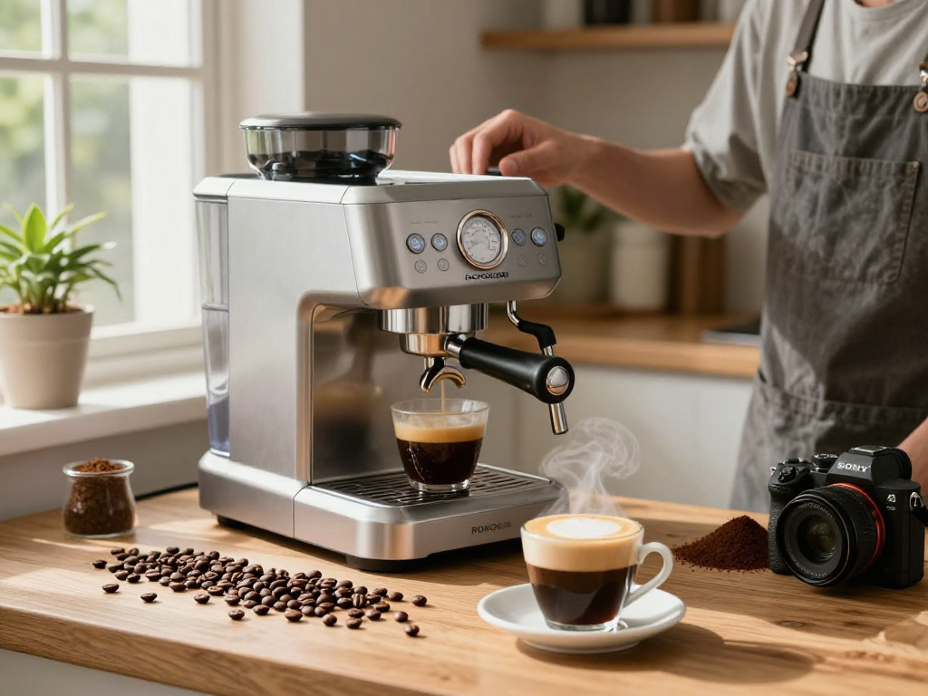Creating espresso with ROKOK88 Espresso Machine in a warm kitchen setting.