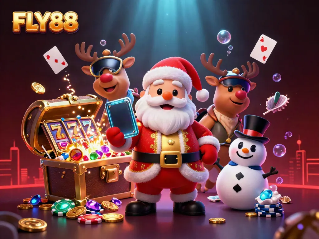 FLY88 Santa Claus celebrates jackpots with casino-themed companions in a vibrant illustration.
