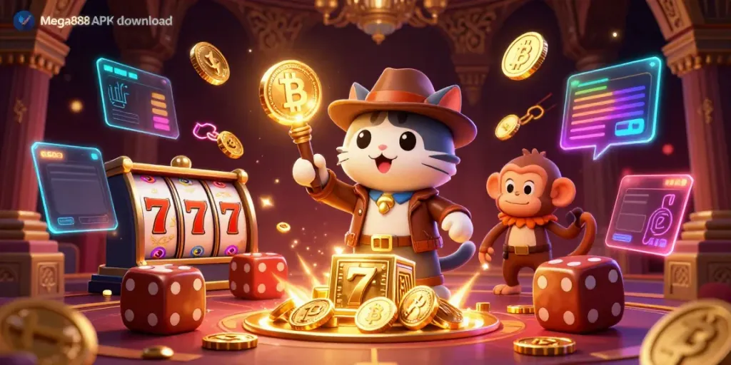Play the Mega888 APK download with immersive 3D casino art featuring explorers and ancient treasures.