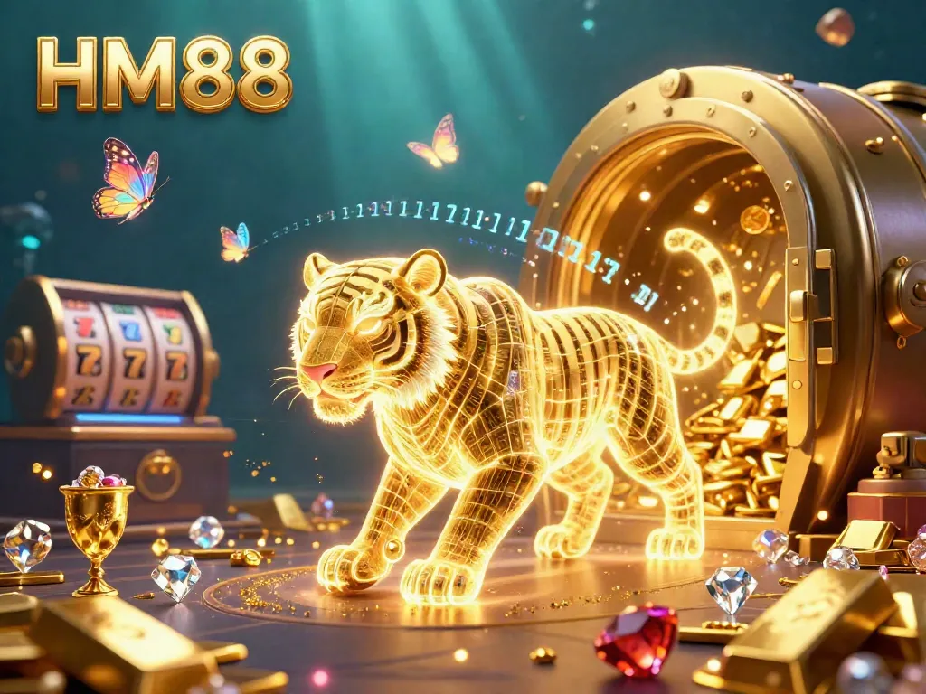 Bet on HM88 in a vibrant 3D casino scene featuring a golden tiger, slot reels, and treasures.
