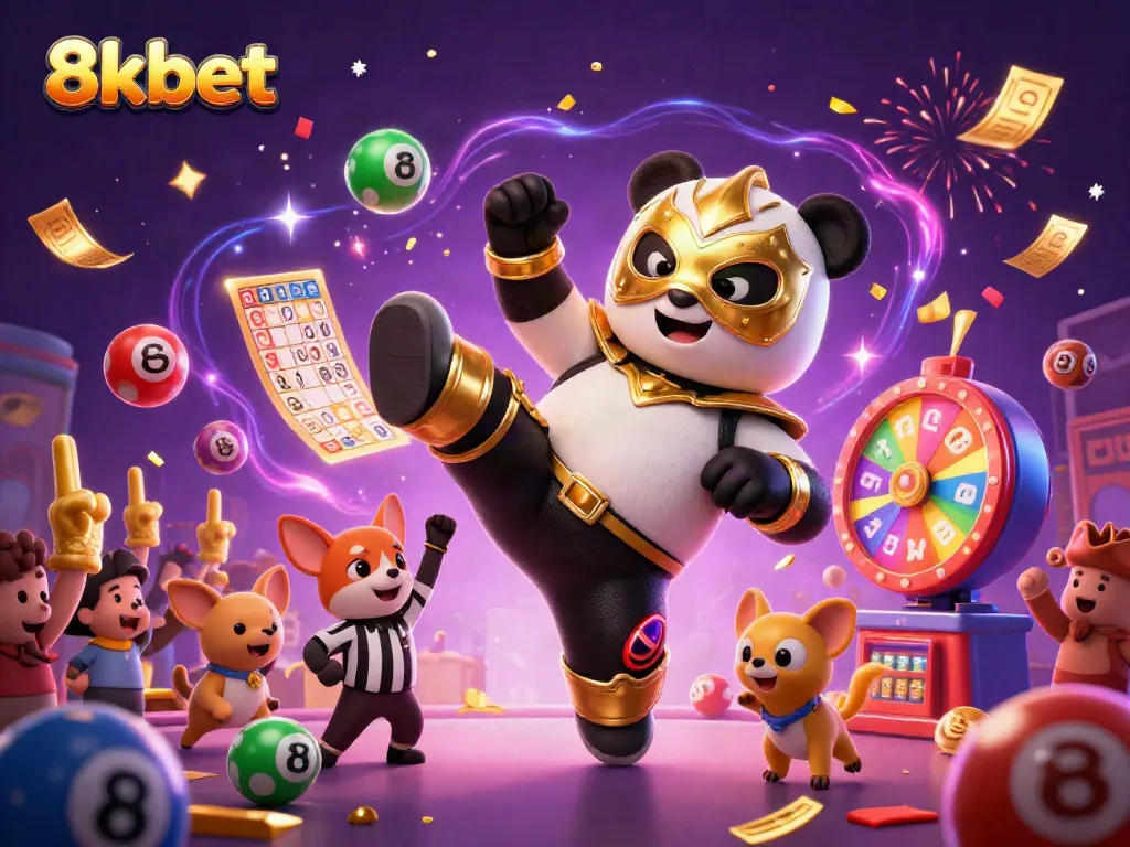 Experience thrilling moments with 8kbet through a flying wrestler panda and engaging lottery elements.