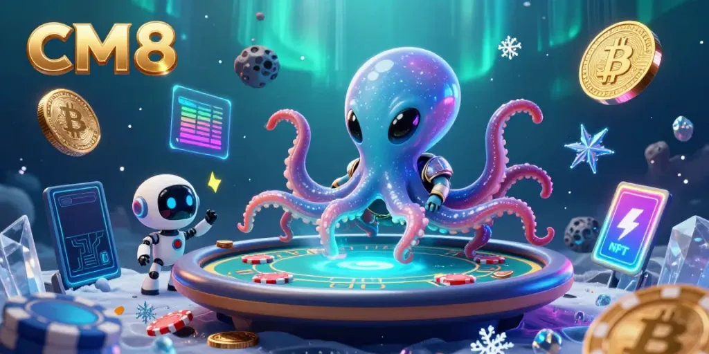 Engage in thrilling CM8 gameplay with an alien octopus and floating poker elements in a vibrant cosmic setting.