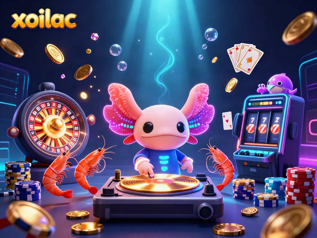 Xoilac showcases vibrant virtual gaming energy with glowing DJ axolotl, poker elements, and dynamic underwater features.