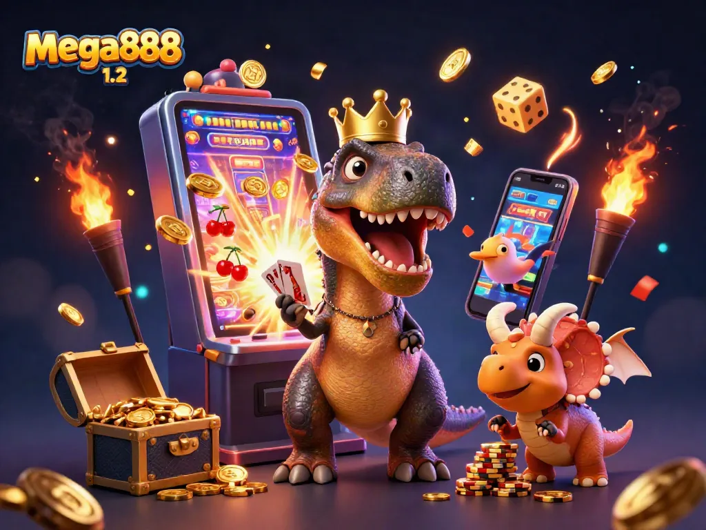 Play with mega888 1.2 in a lively casino scene with T-Rex, cards, and gold coins.
