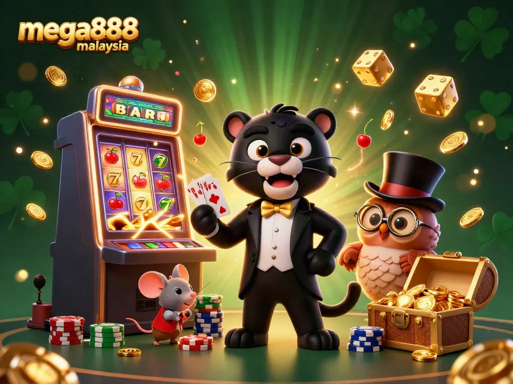 Experience the thrill of mega888 Malaysia with a vibrant 3D casino illustration showcasing game elements and characters.