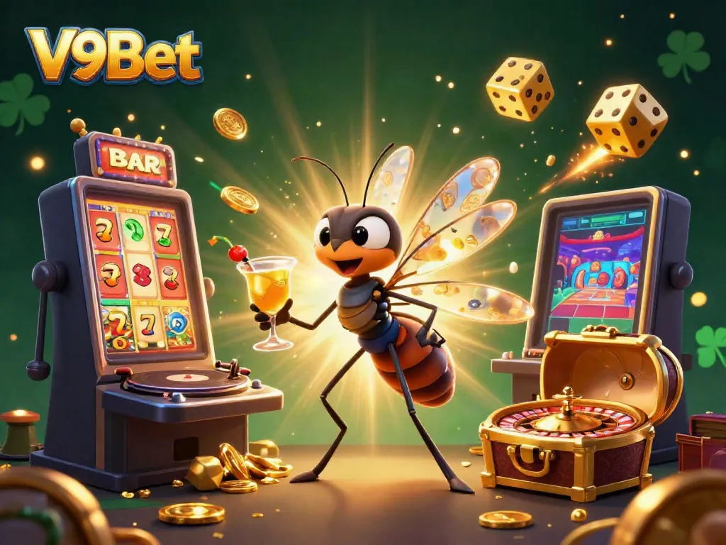Experience thrilling gameplay at V9Bet with vibrant casino elements like a dynamic roulette wheel and Golden Cocktail
