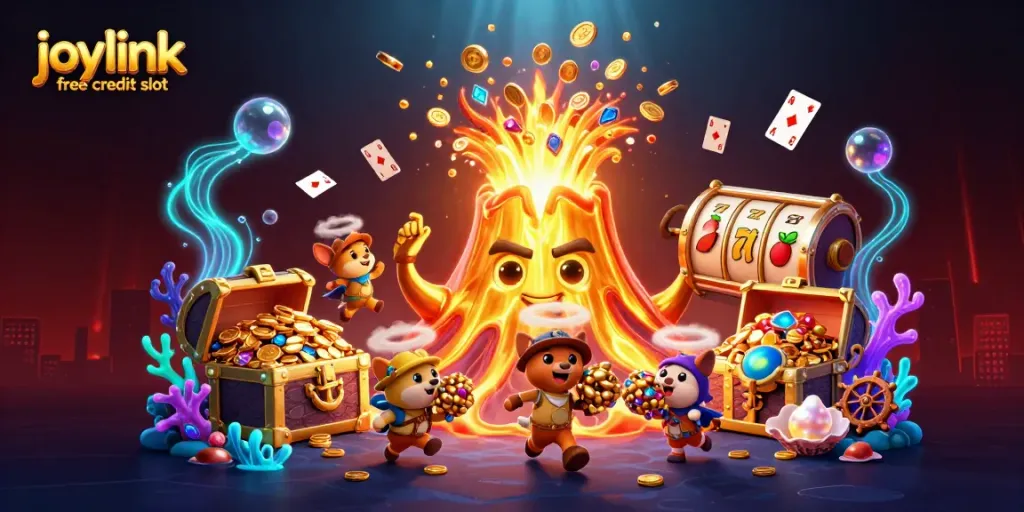 Experience joylink free credit slot with a vibrant 3D casino scene featuring treasures and characters.