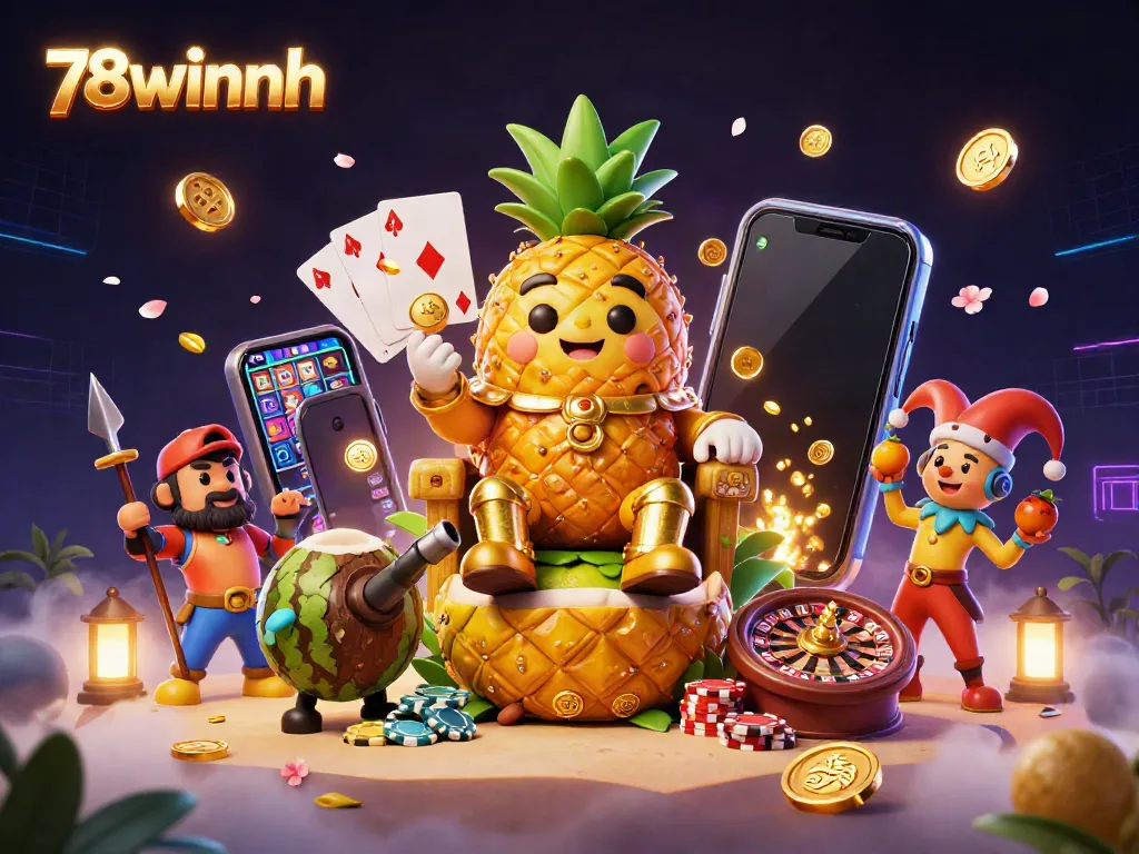 Engage in thrilling gameplay at 78winnh with a vibrant scene featuring a golden pineapple king and dynamic casino elements.